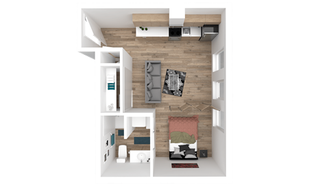 Floor plan for studio, 1 bath, 398 sqft